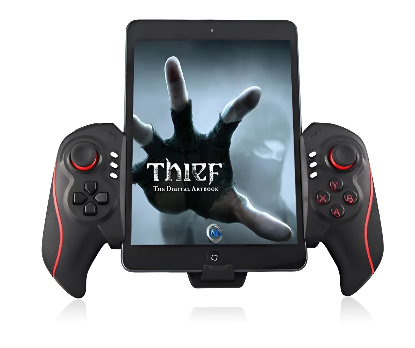 PG-9023 wireless telescopic game controller extended with smartphone showing dimensions