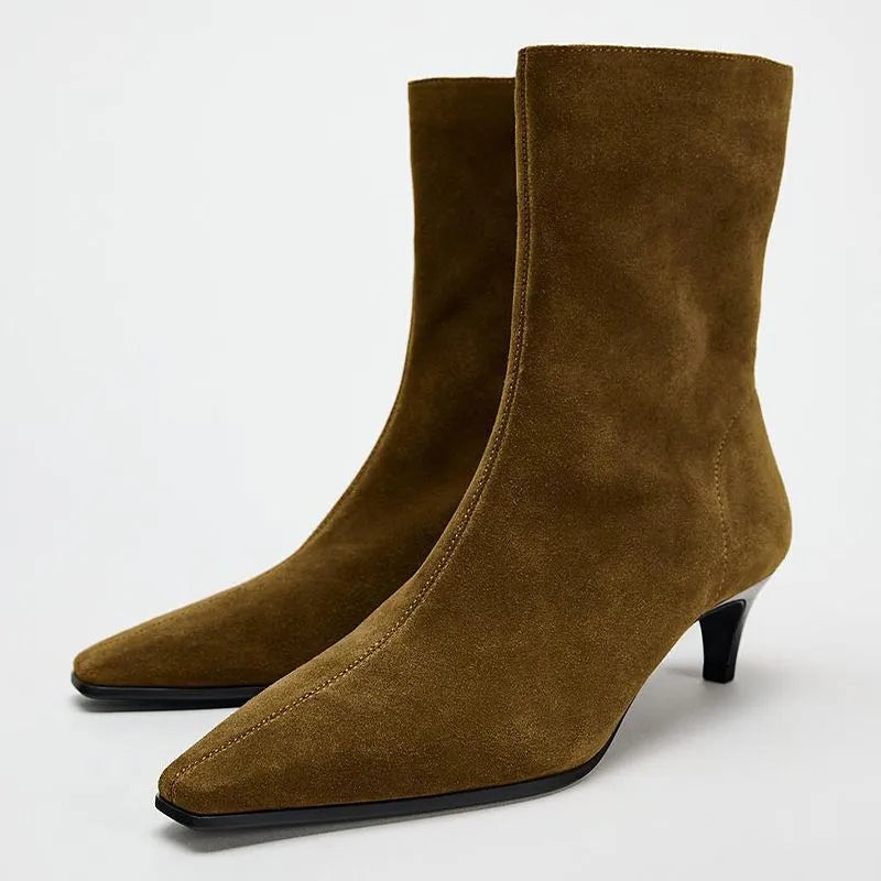 Brown women's square toe mid calf boots with a side zipper and a low kitten heel.
