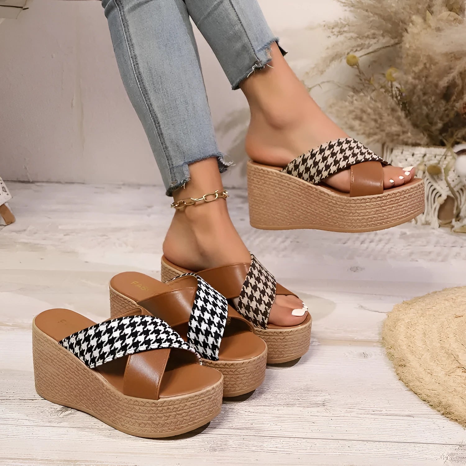 Cross leopard plaid wedge sandals with rubber soles in black or brown colour options