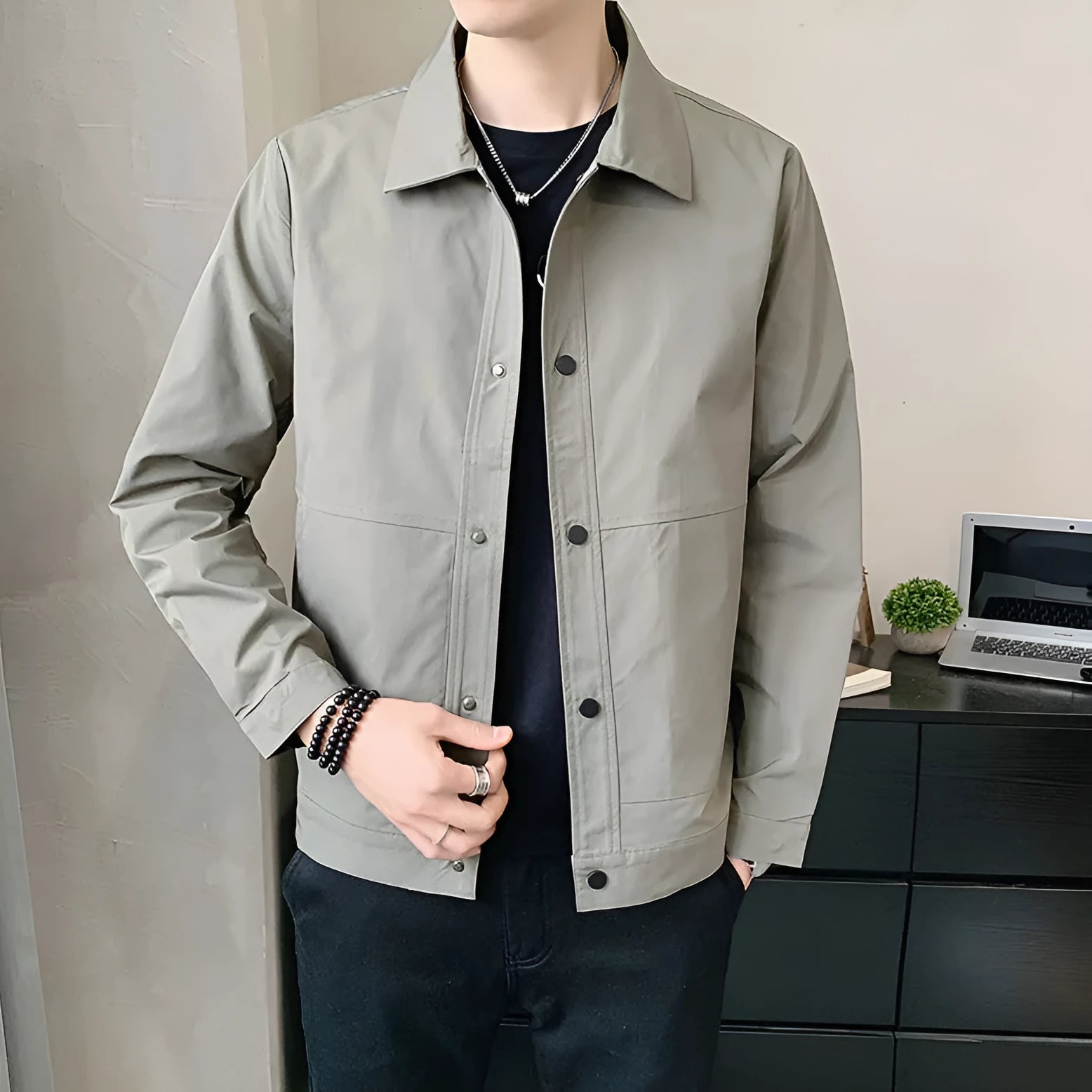Men's thin single-layer polyester jacket in Korean style, shown in light gray colour.