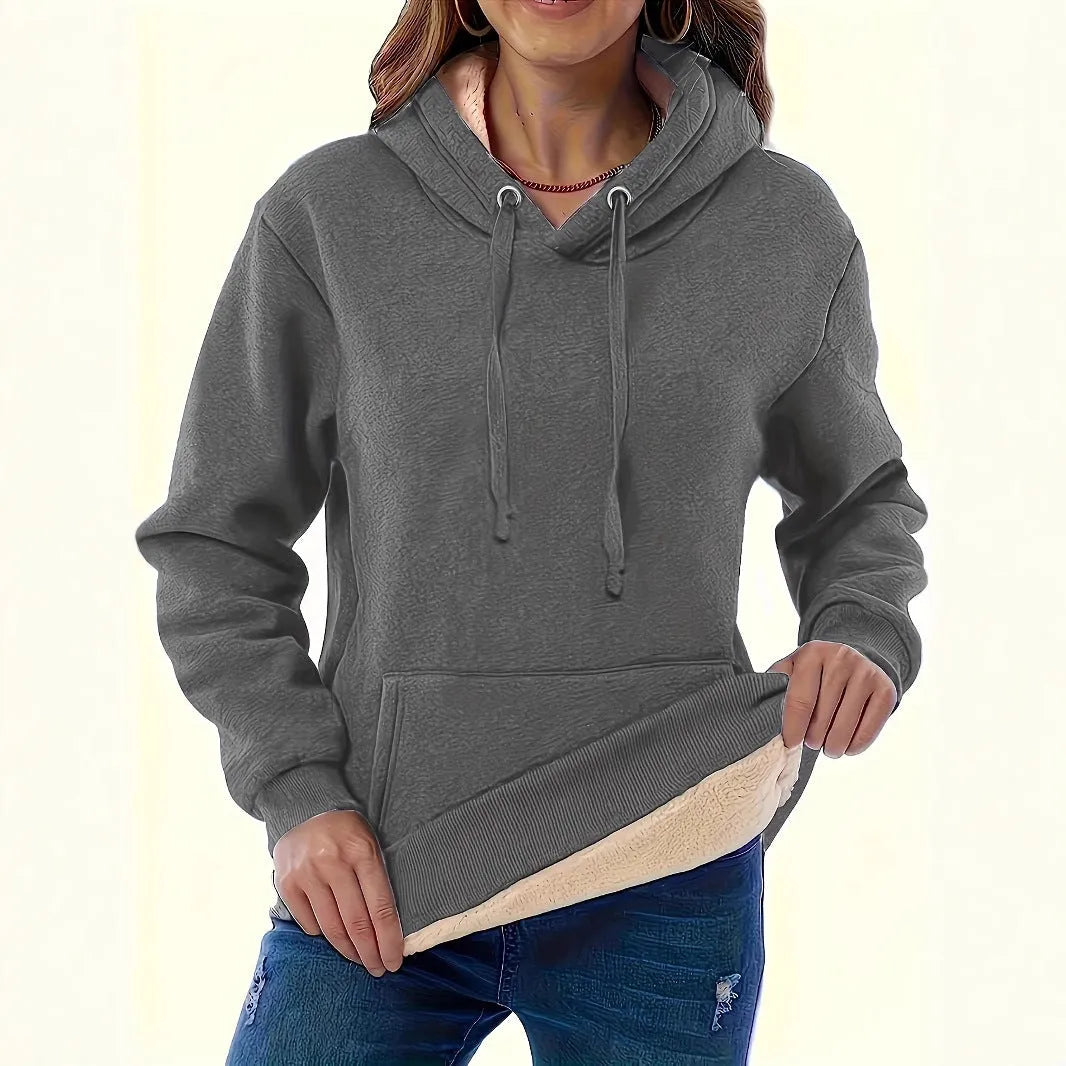 Women's thick grey hooded pullover sweater with 3D pattern and front pockets