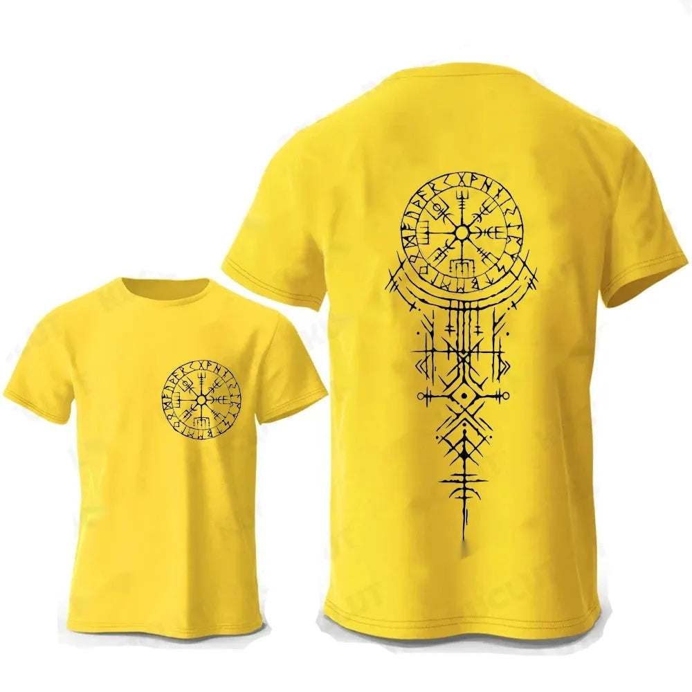 Men's grey T-shirt with a detailed Viking compass and smiling face graphic print on the chest.
