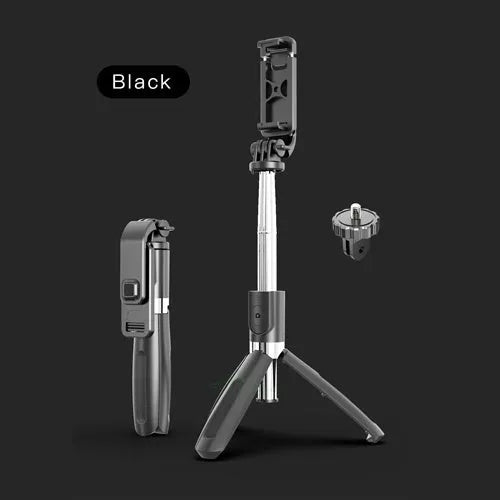 Black Bluetooth selfie stick with wireless remote extended to maximum length with smartphone attached