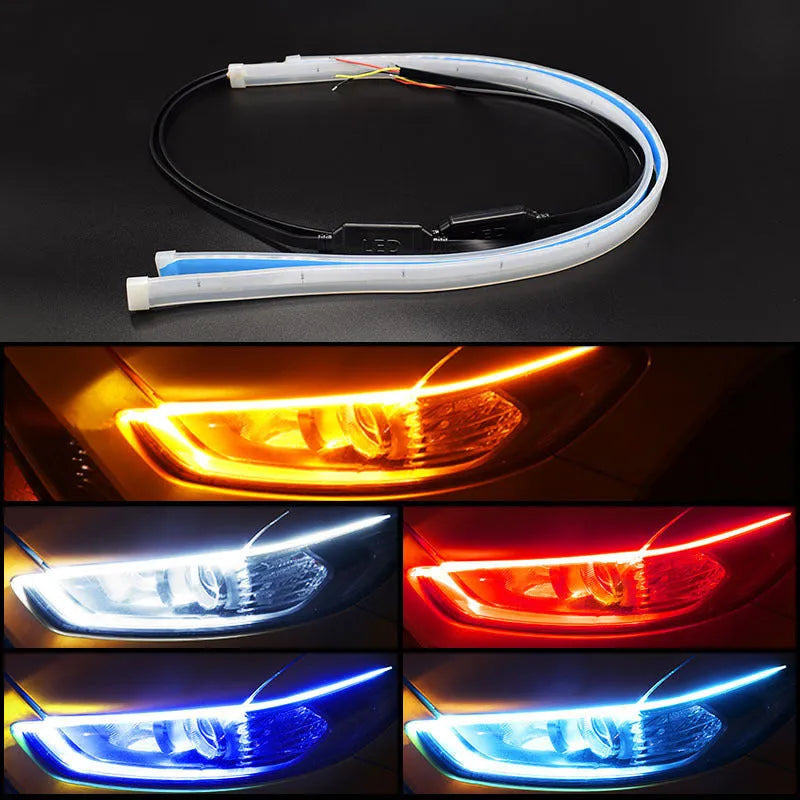 Flexible silicone car LED daytime running light strip with flowing turn signal animation, shown in multiple colours.
