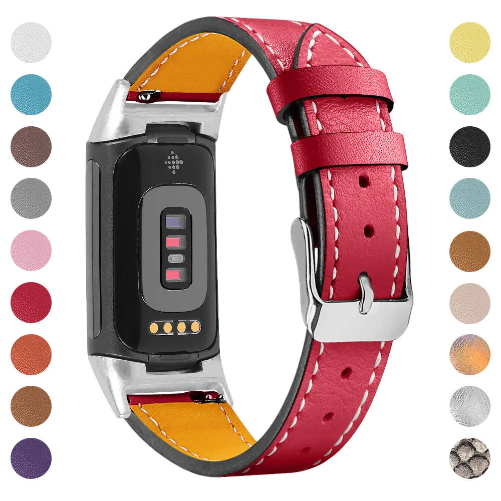 Genuine leather strap for Fitbit Charge 5 and Charge 6 smartwatches in multiple colour options.