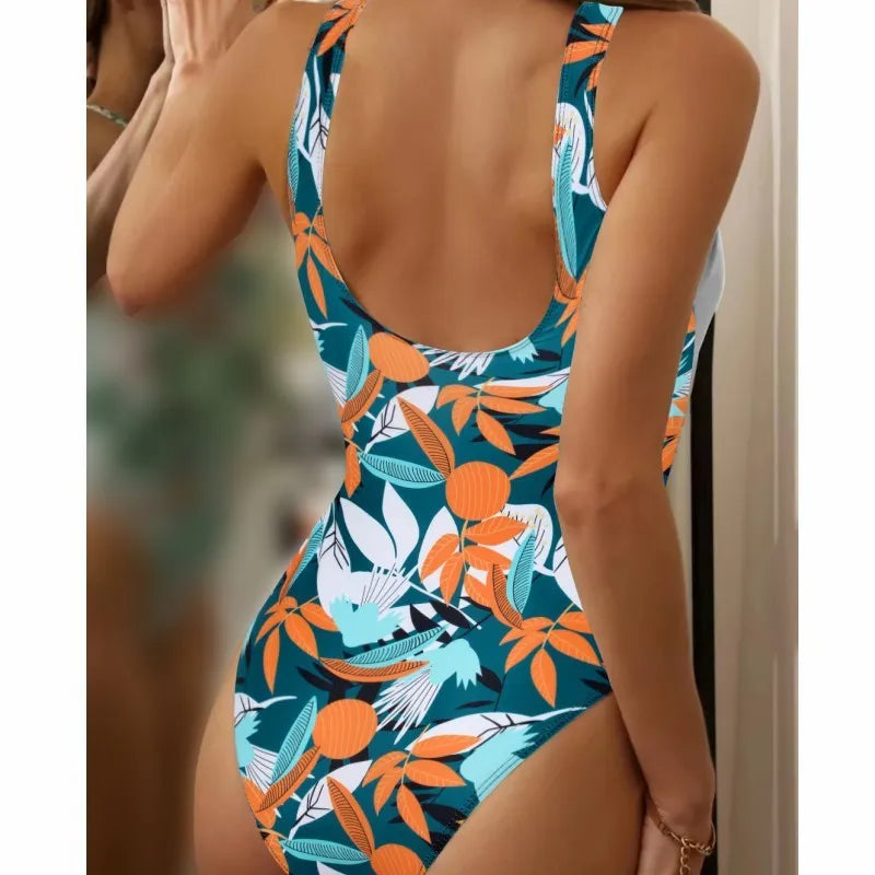 Women's high-waist one-piece swimsuit with printed pattern in polyester fabric