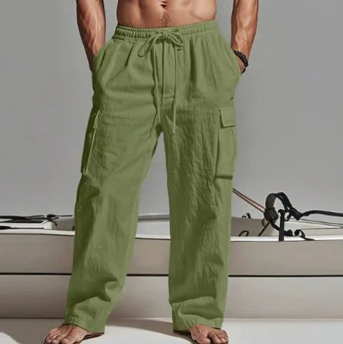 Men's loose fit cotton wide-leg casual trousers in light army green colour