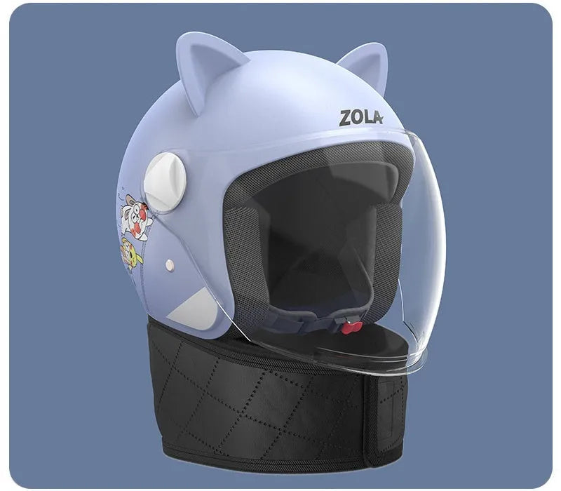 Blue winter electric bicycle helmet with anti-fog visor and attached neck scarf.