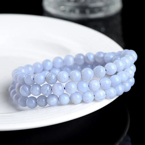 Natural blue agate bracelet with multi-circle patterns and striped crystal beads in original Ruyi design