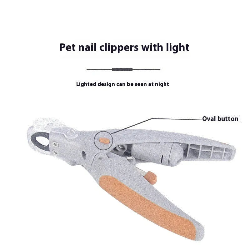 White plastic dog nail clipper with built-in LED light and red guide line on a blister card.