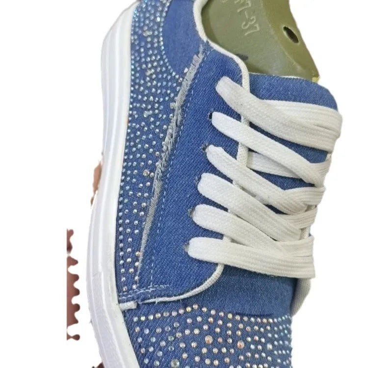 Women's plus size black casual sports shoes with rhinestones, lace-up front, and chunky flat rubber sole
