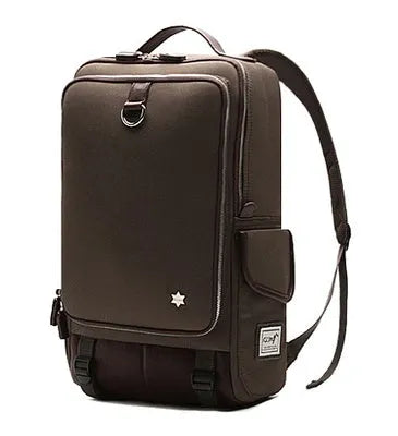 Modern Korean style men's backpack in Oxford cloth showing army green colour option.