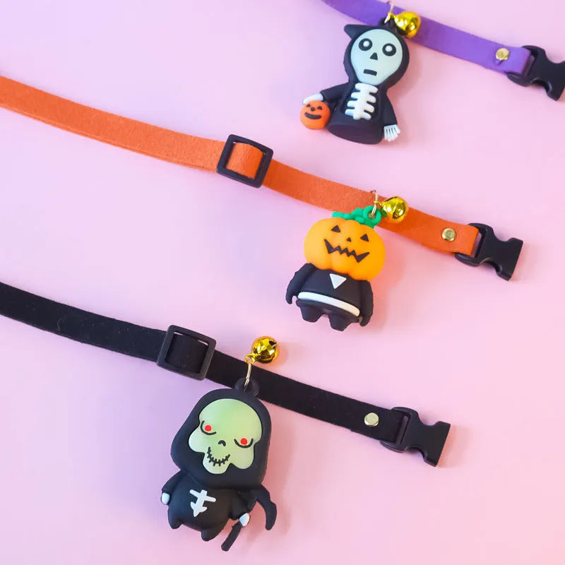 Halloween dog collar decoration in luminous ghost, luminous skull, or pumpkin man patterns on a polyester band.