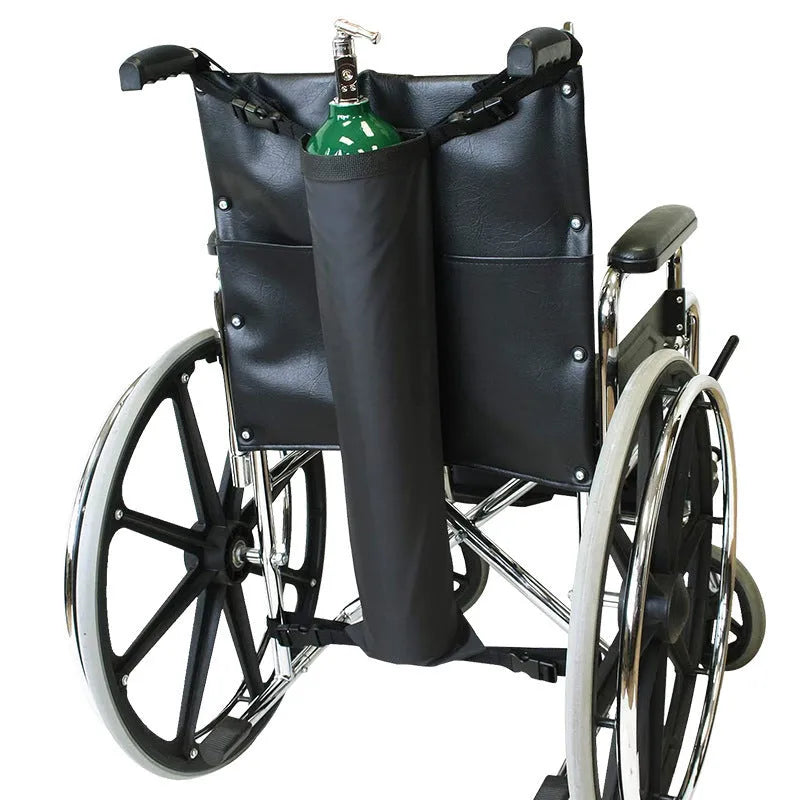 Black cylindrical wheelchair pannier bag for oxygen cylinder transport with Nordic design
