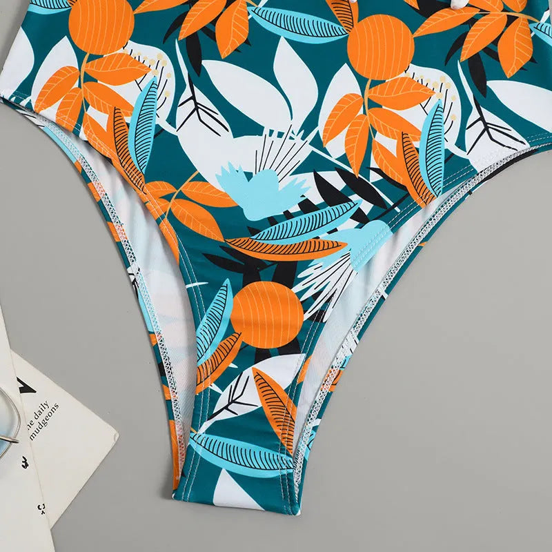 Women's high-waist one-piece swimsuit with printed pattern in polyester fabric