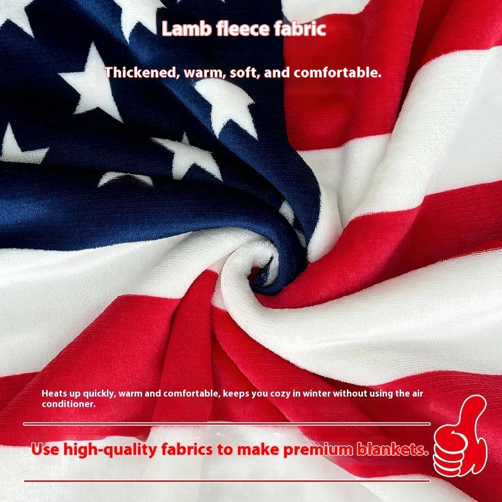 Lambswool blend polyester blanket with American stripe pattern showing three size options