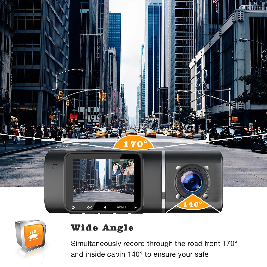 Black dashboard camera for car with 1.5-inch screen, shown with car charger and mounting stand.