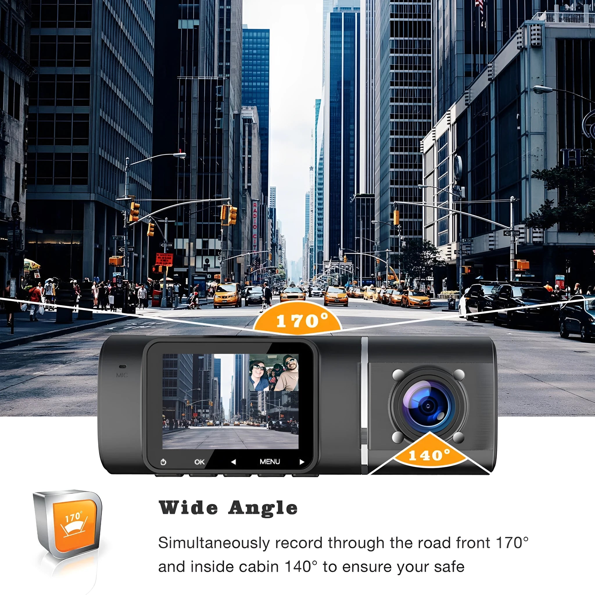 Black dashboard camera for car with 1.5-inch screen, shown with car charger and mounting stand.