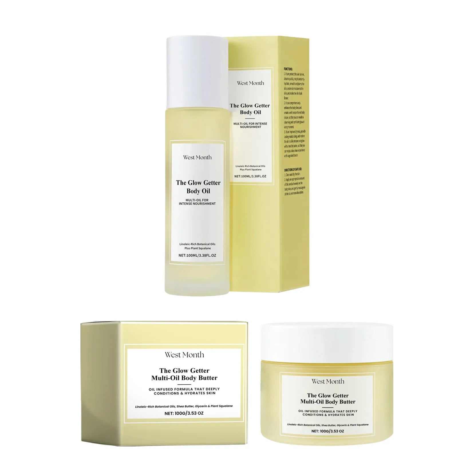 Nourishing firming skin care kit with skincare oil bottle and moisturising cream jar