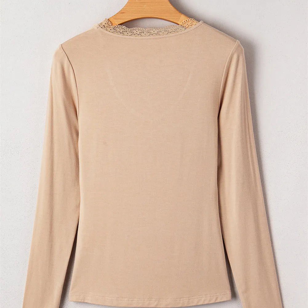 Women's solid colour casual top with lace trim and long sleeves in slim fit