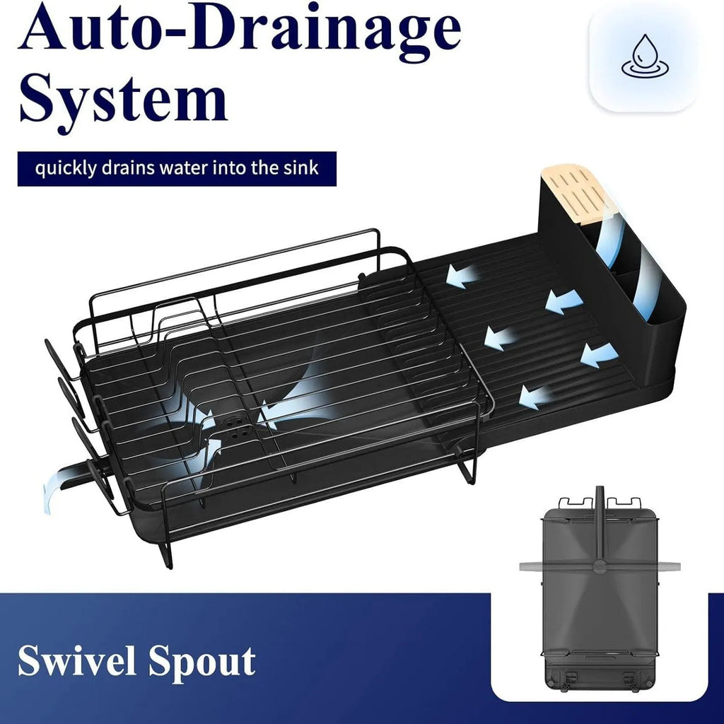 Retractable foldable kitchen dish drain rack for cutlery and cups on a countertop.