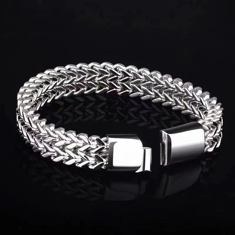 Silver geometric men's stainless steel bracelet shown in 4x8mm and 5x10mm link styles.