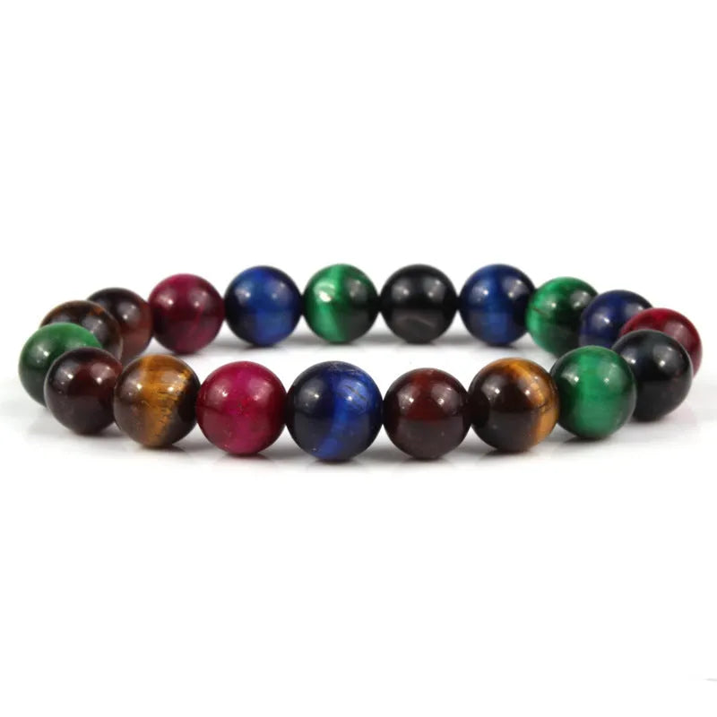 Natural tiger eye crystal beaded bracelet for men and women on a white background.