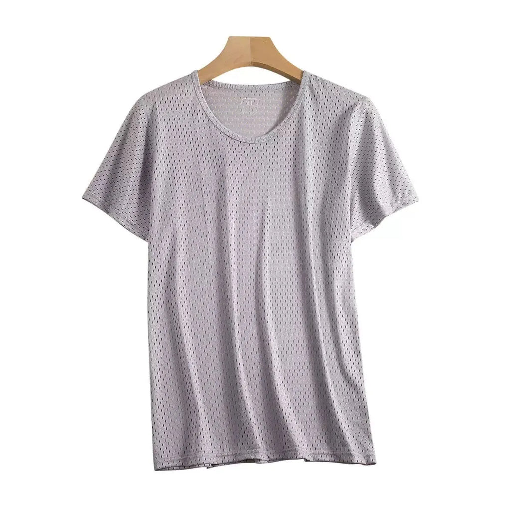 Men's ice silk short sleeve t-shirt in loose fit regular cut, shown in available colours black, white, navy blue, gray and wine red