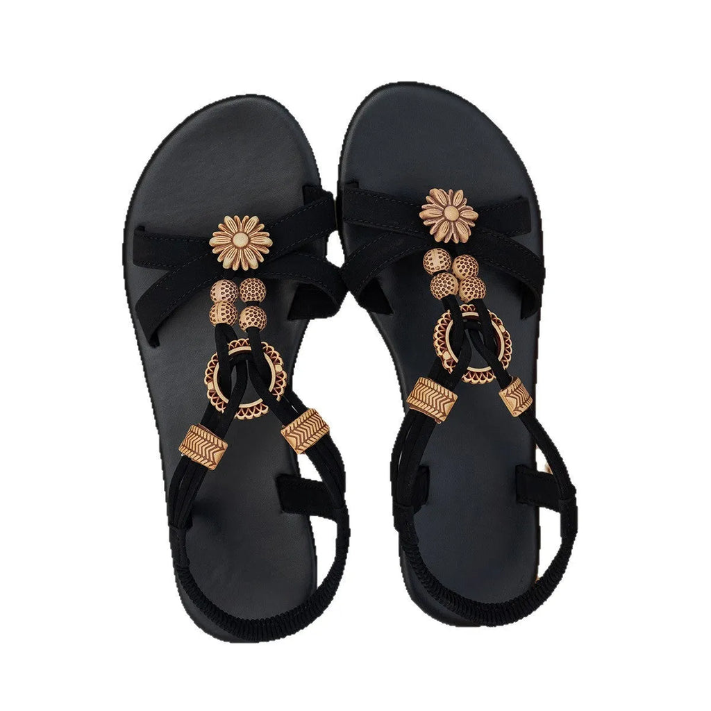 Black ethnic style women's flat beach sandals with beaded weave and rhinestone decoration