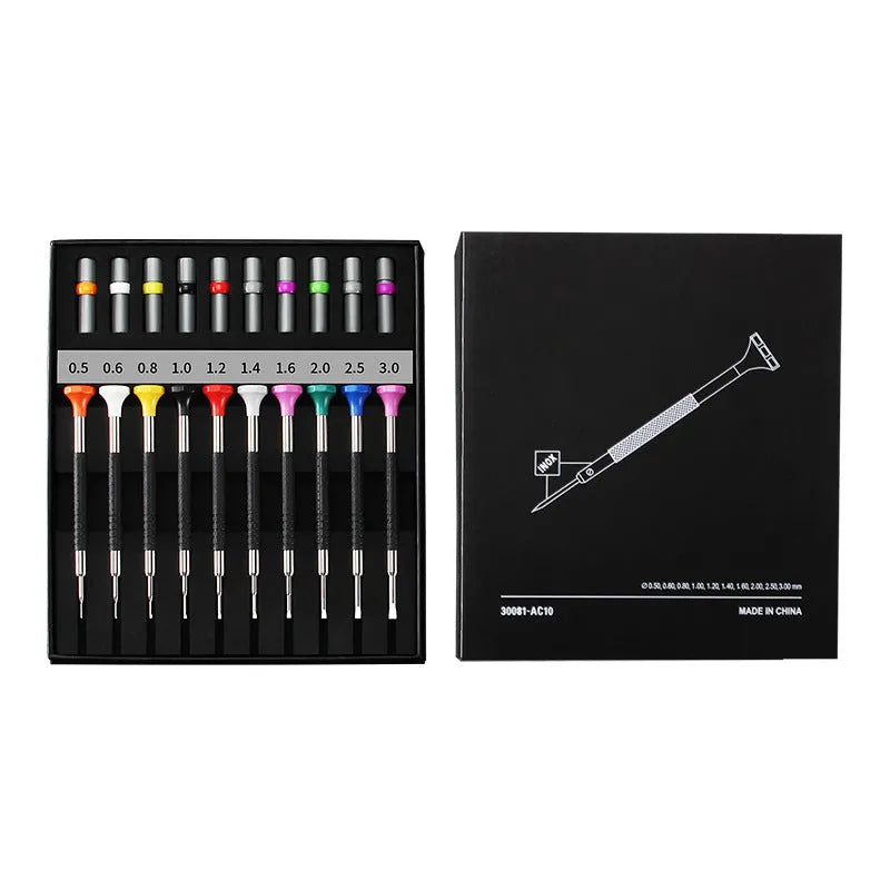 Watch repair tool set with 10 screwdrivers and 20 spare bits in boxed packaging