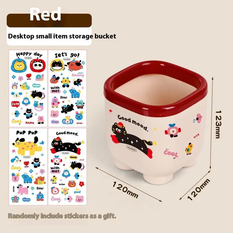 Cartoon design plastic desktop organiser with storage box, pen container, tissue box and coin bank accessories in red and brown colours