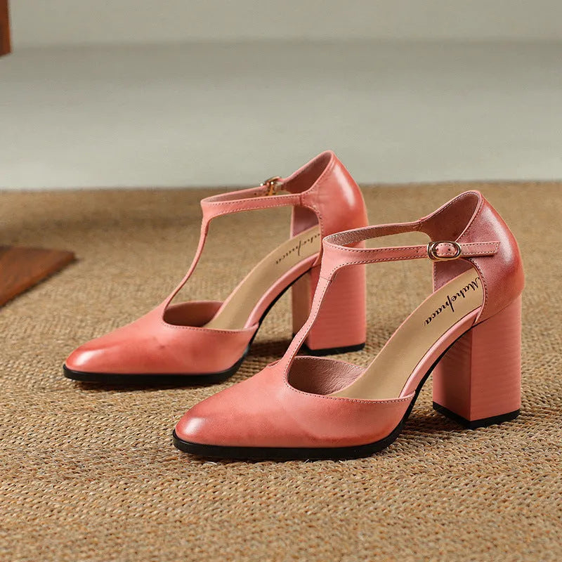 Women's dark brown retro pointed-toe Mary Jane shoes with a buckle fastening on the vamp.