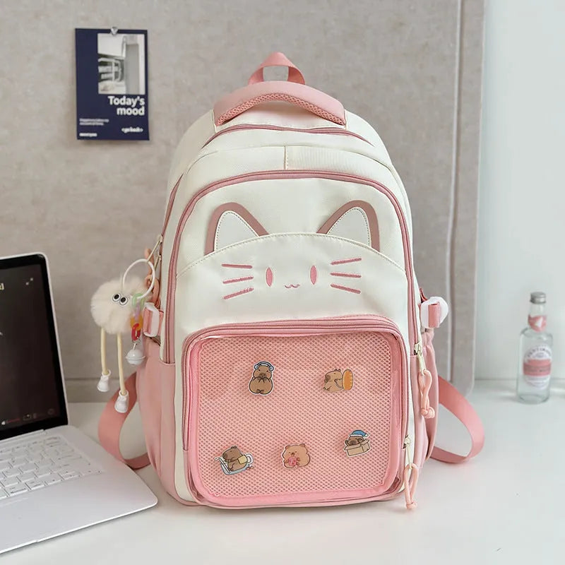 Korean cartoon animation style backpack in two sizes with curved shoulder straps.