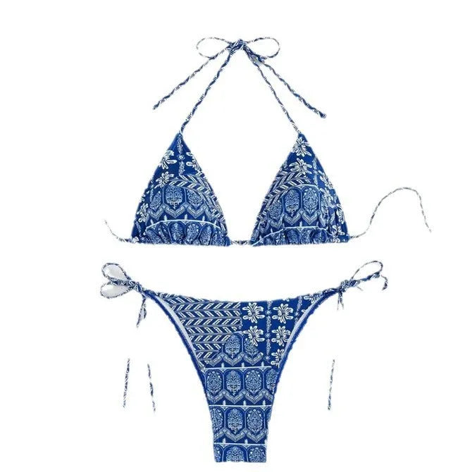 Women's split bikini swimsuit with bandage stitching in polyester fabric, available in multiple colours