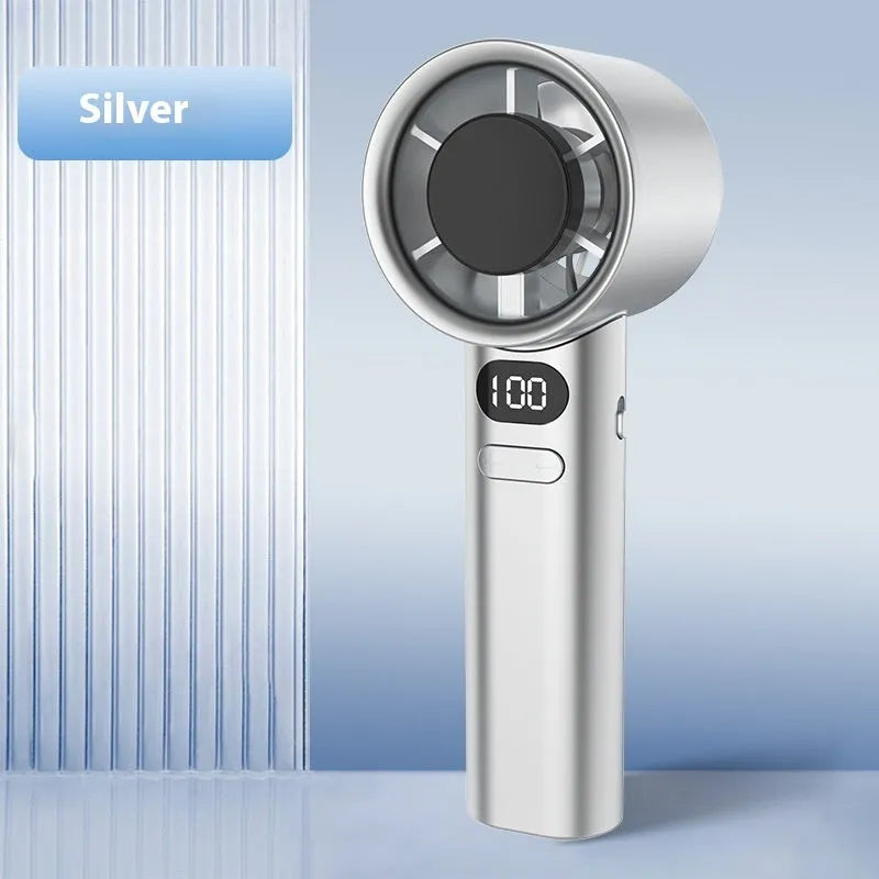 Handheld USB fan with brushless motor showing 120 speed settings and 1800mAh battery capacity