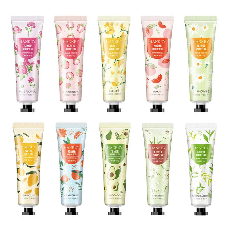 30g tube of fruit-based hand cream with eleven formula options including avocado and green tea