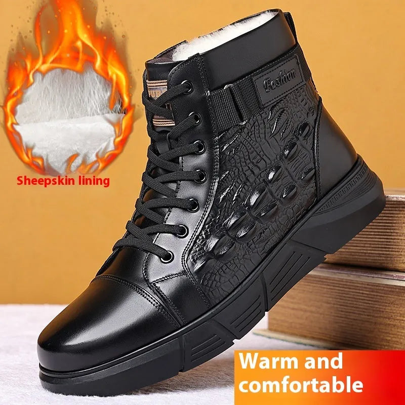 Men's black genuine leather snow boots with fur lining and rubber non-slip soles