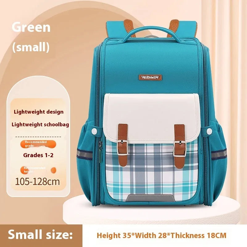 Lightweight Oxford cloth school backpack for students in navy blue, shown in a classroom setting.