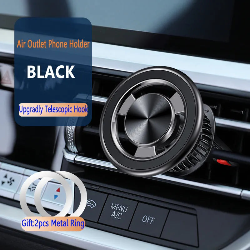 Silver magnetic air vent phone holder with snap-on bracket mounted on car dashboard