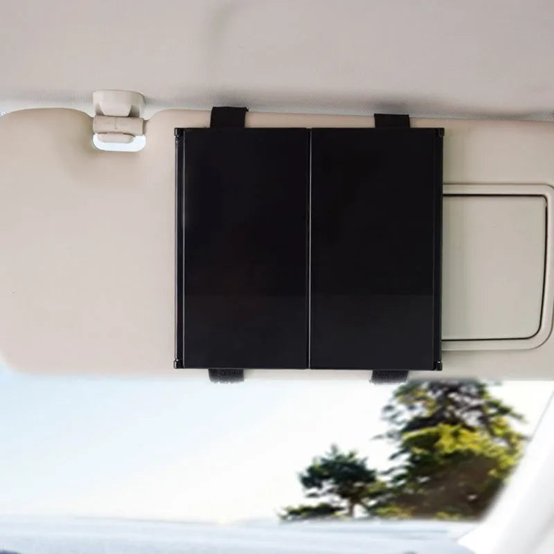 Silver folding car visor makeup mirror SD-2408 shown open and closed with ABS frame