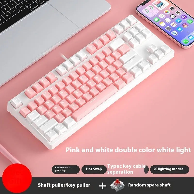 87-key wired mechanical keyboard with hot-swappable sockets showing colour options and included accessories