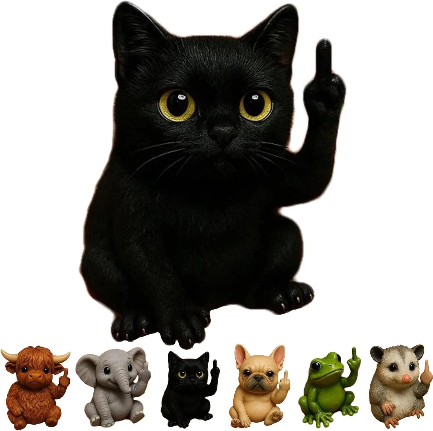Mini resin animal doll holding up a middle finger, available in cat, dog, elephant, frog, cow, mouse, and turtle styles.
