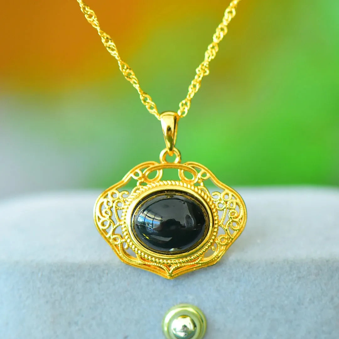 Natural Hetian jade pendant with copper inlay detail on necklace chain