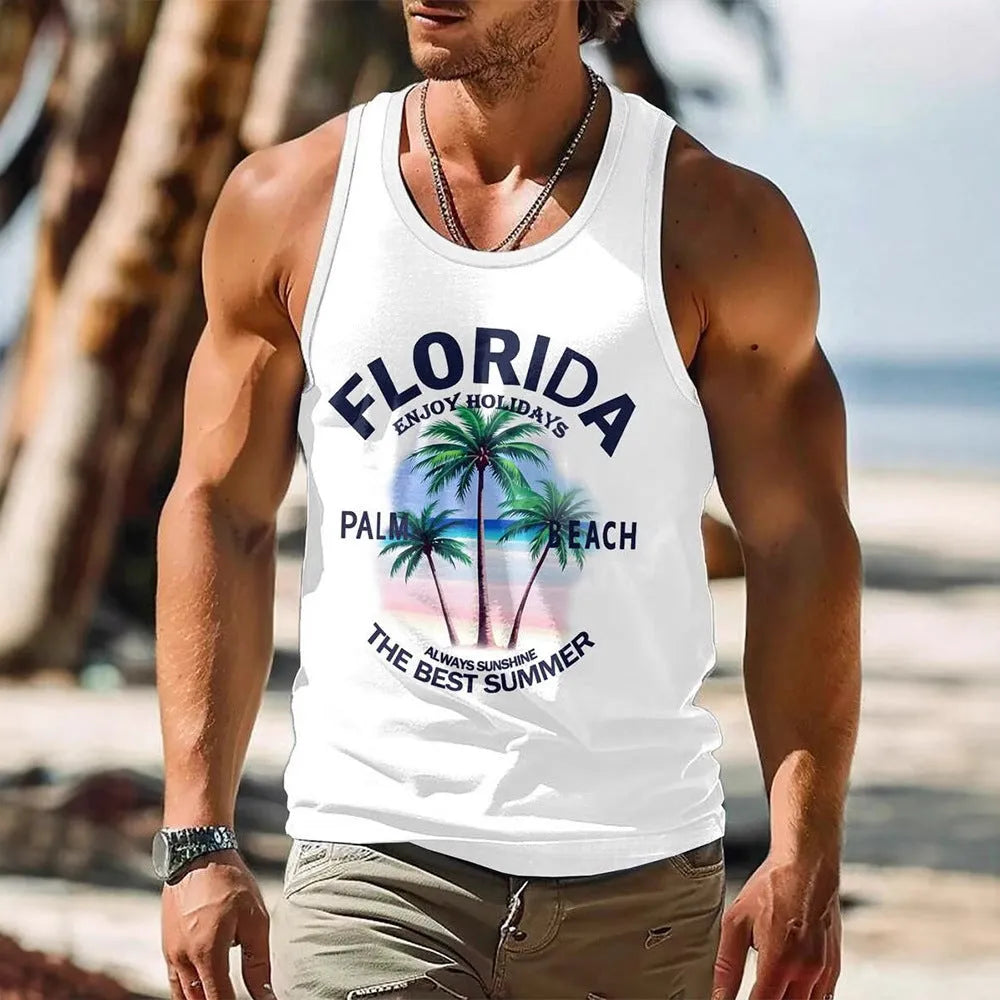 Men's 3D printed Hawaiian-style sleeveless vest in polyester pinhole cloth showing solid colour option