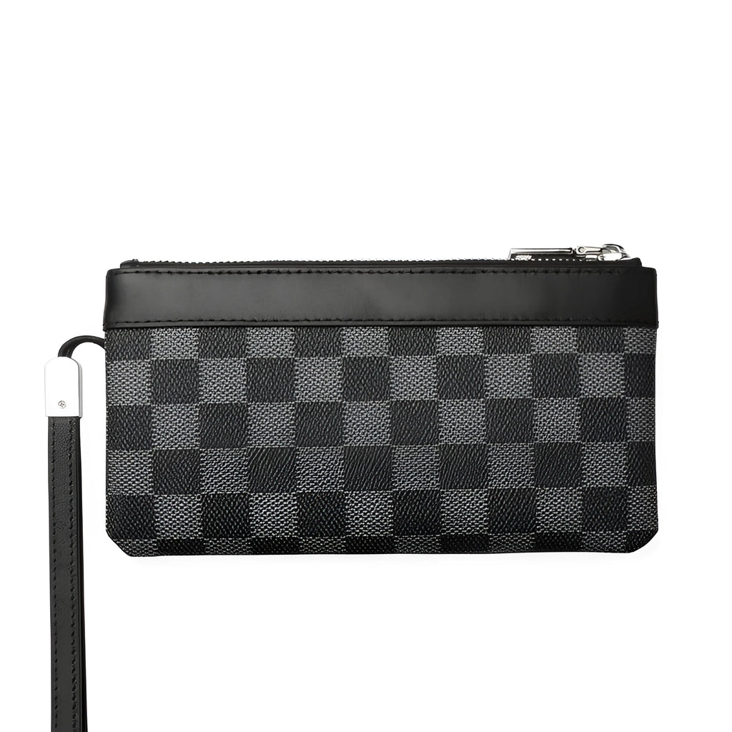 Black men's leather clutch wallet with plaid pattern showing 20cm by 10cm dimensions