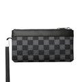 Black men's leather clutch wallet with plaid pattern showing 20cm by 10cm dimensions