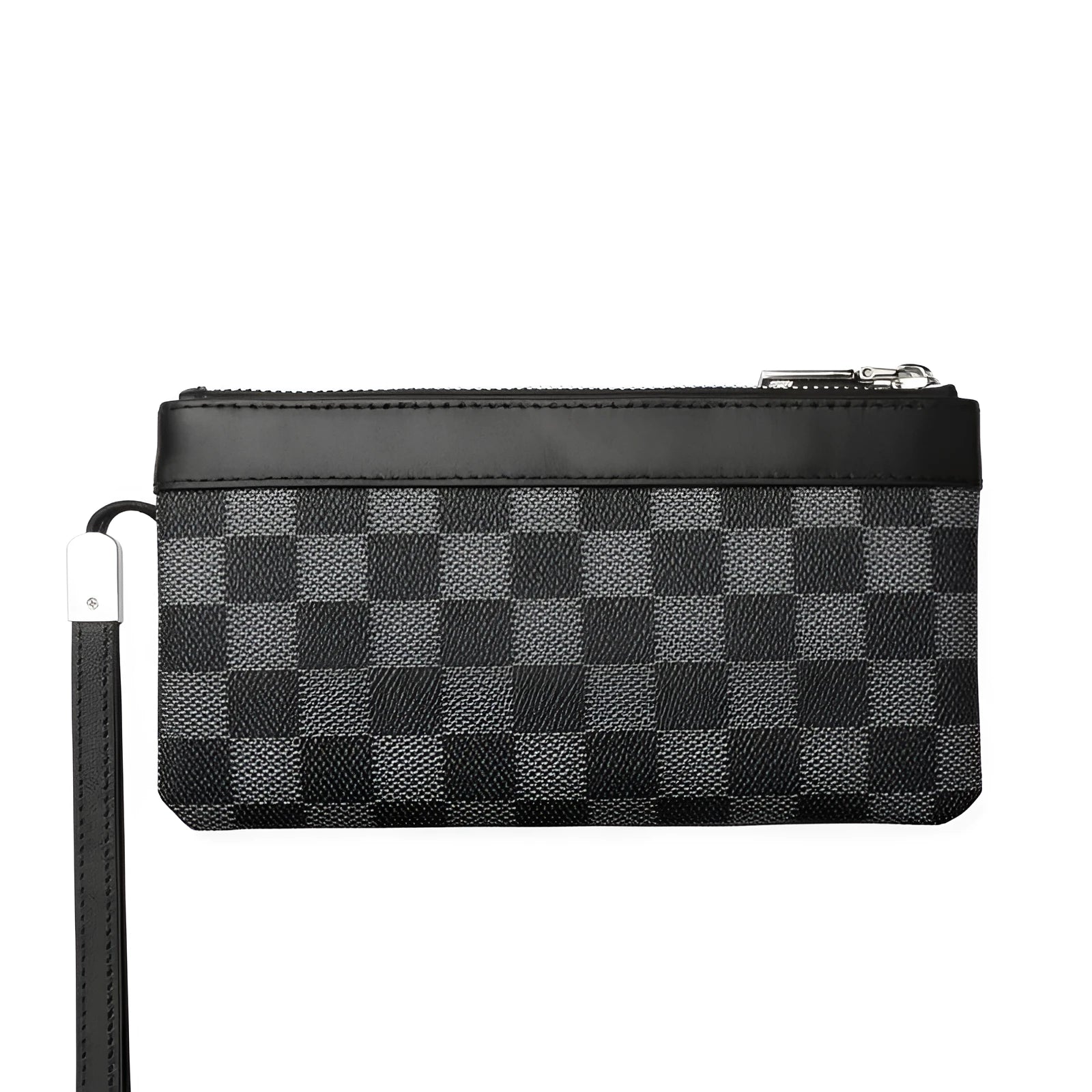 Black men's leather clutch wallet with plaid pattern showing 20cm by 10cm dimensions