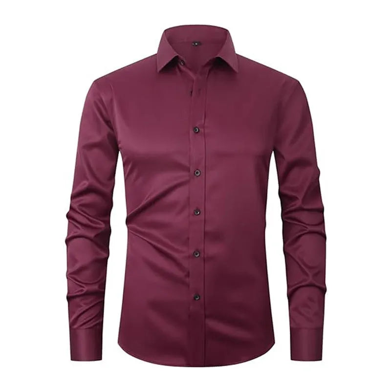 Men's long sleeve stretch work shirt in polyester fabric on a hanger.