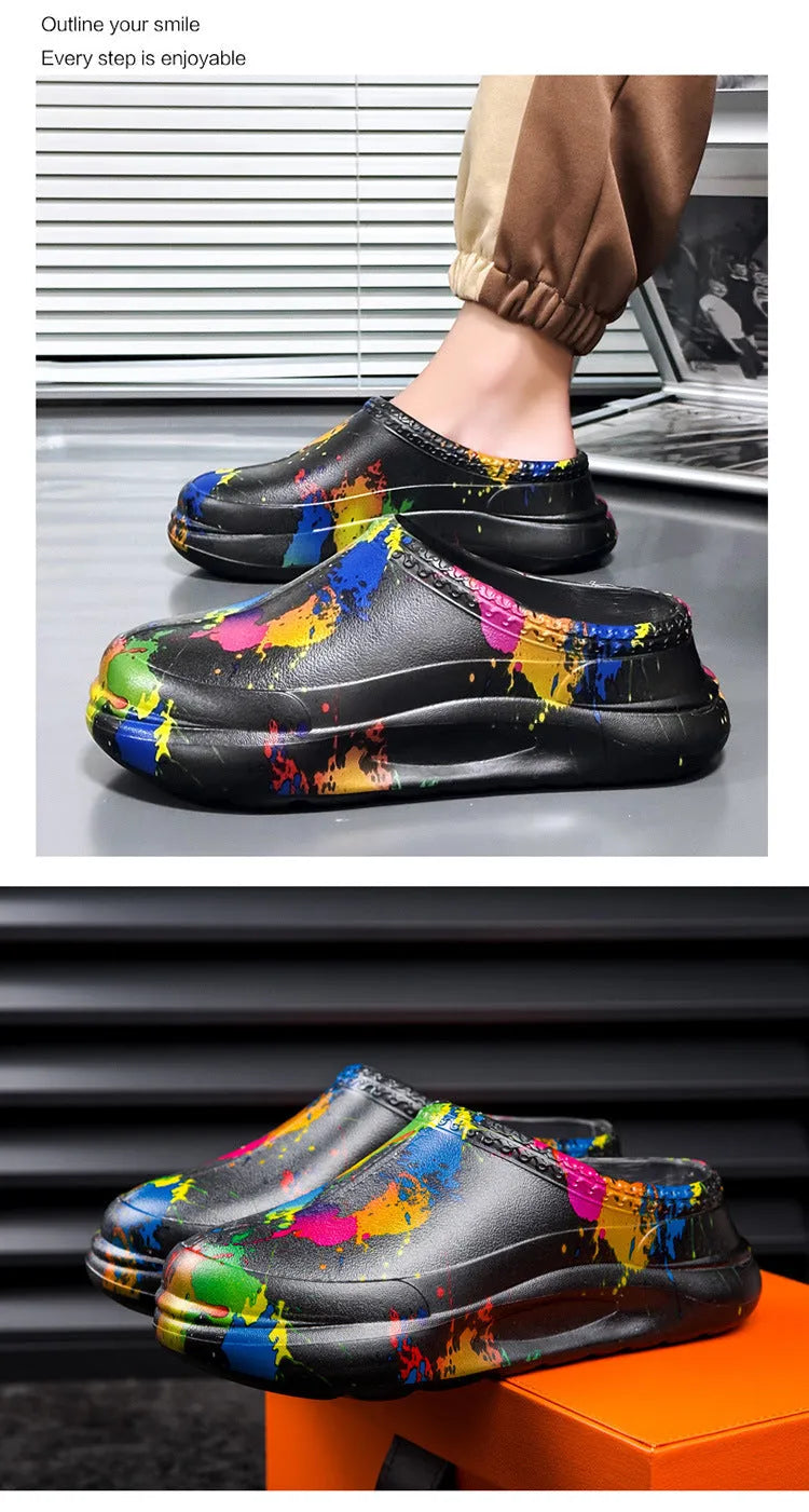 Men's black waterproof work shoes with toe cap protection and platform sole