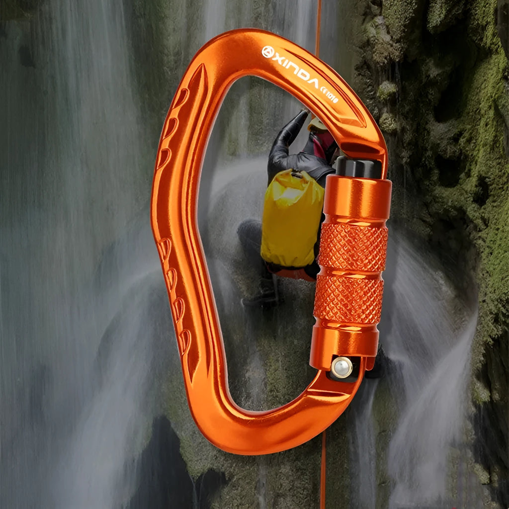 Climbing carabiner with automatic master lock and button hook in five colour options